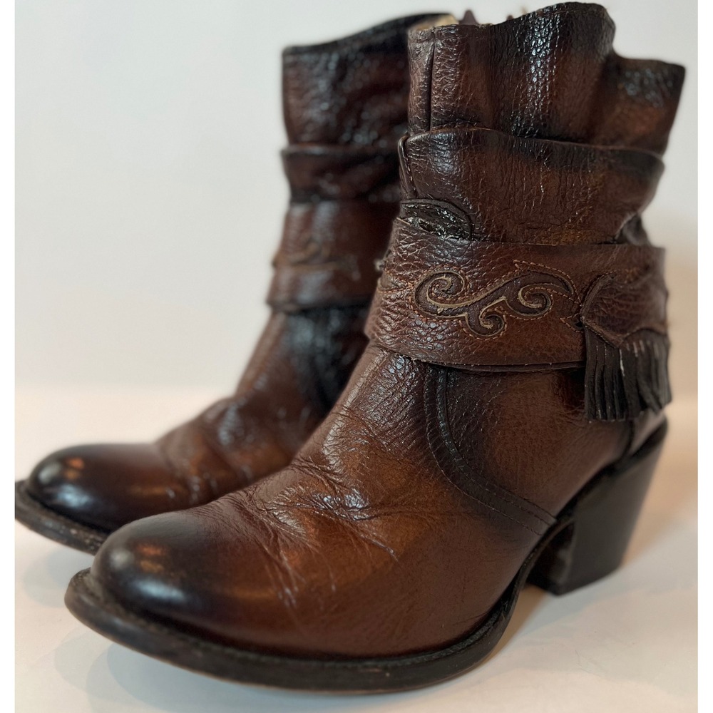 La Sierra y Carreta Womens Brown Leather Western Fringe Ankle Boots Size 5.5